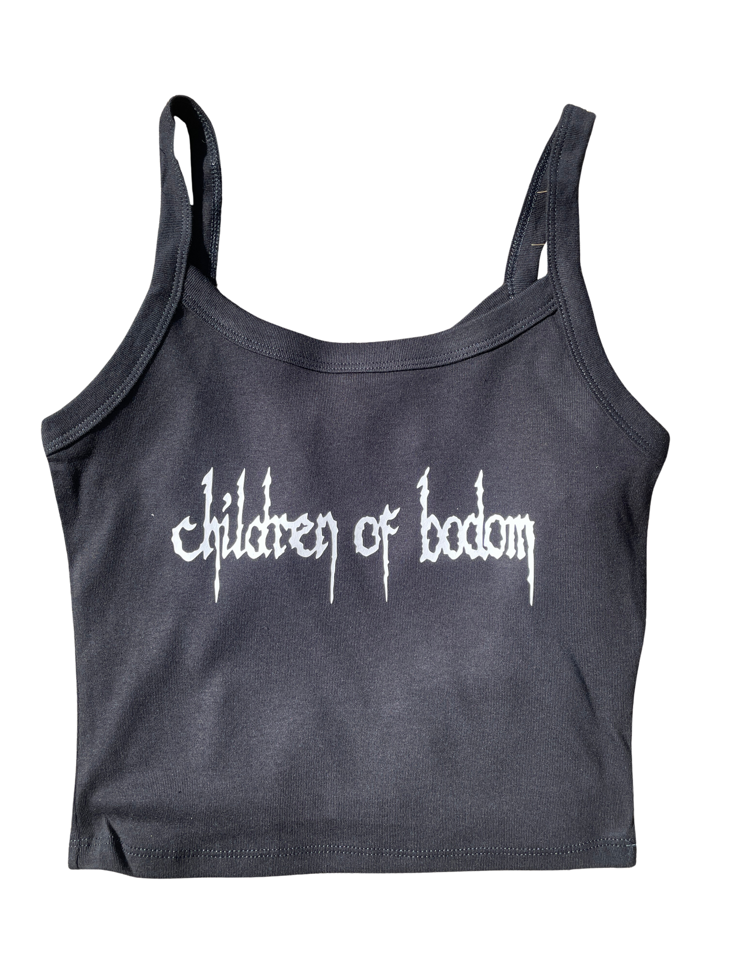 A gray crop top with the text "Children of bodom" printed on it.