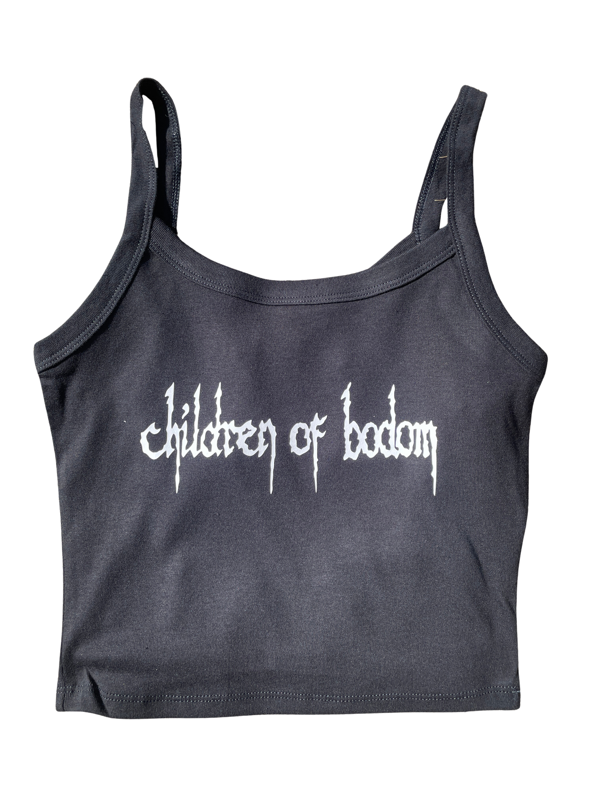 A gray crop top with the text "Children of bodom" printed on it.