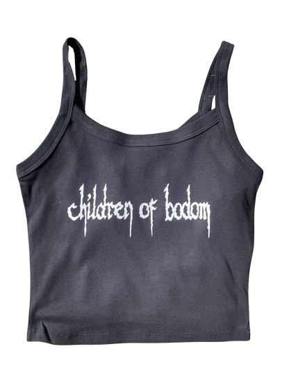 A gray crop top with the text "Children of bodom" printed on it.
