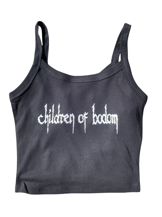 A gray crop top with the text "Children of bodom" printed on it.