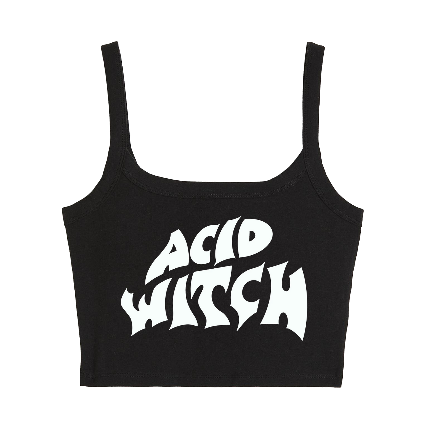 a black crop top with the words acid witch printed on it