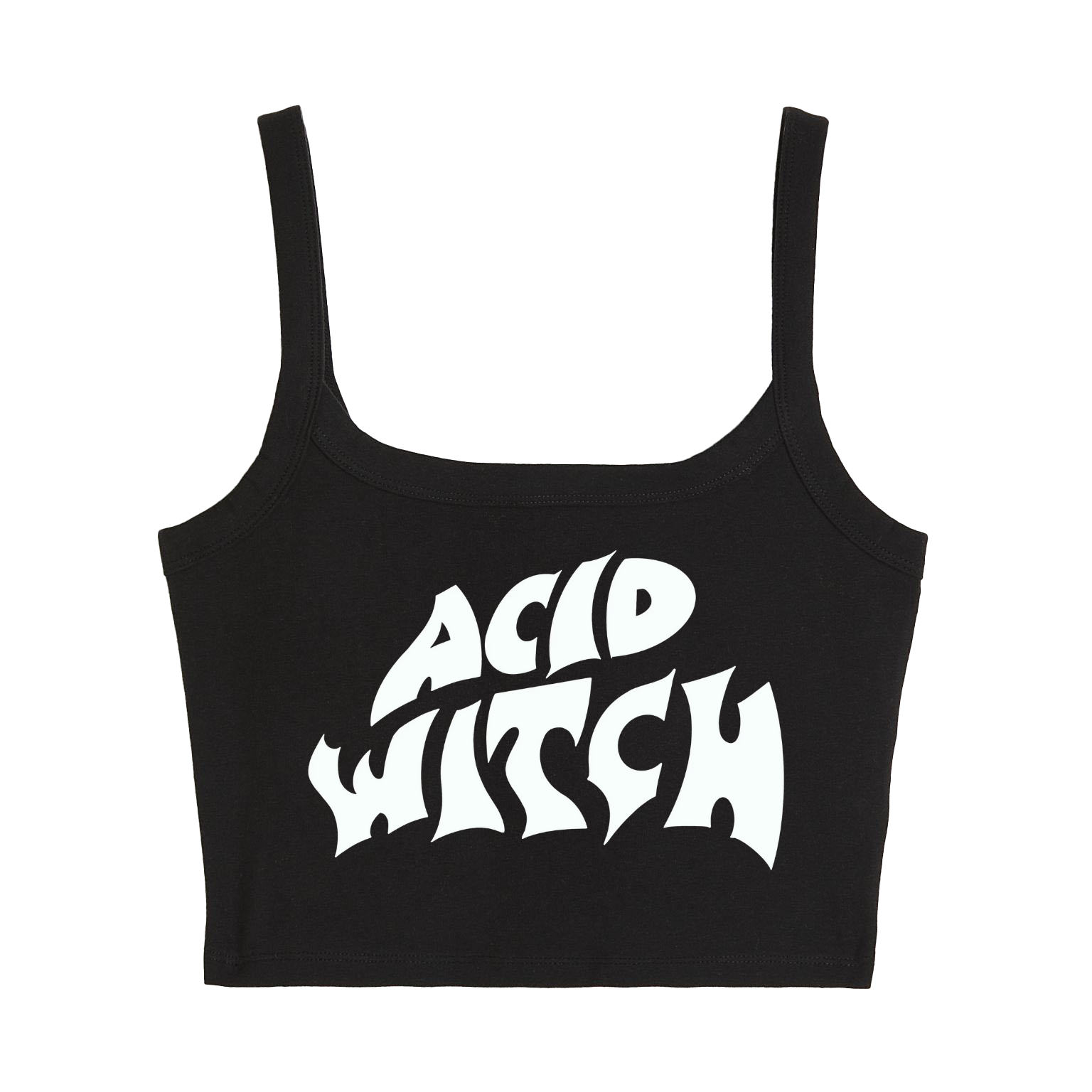 a black crop top with the words acid witch printed on it