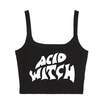 a black crop top with the words acid witch printed on it