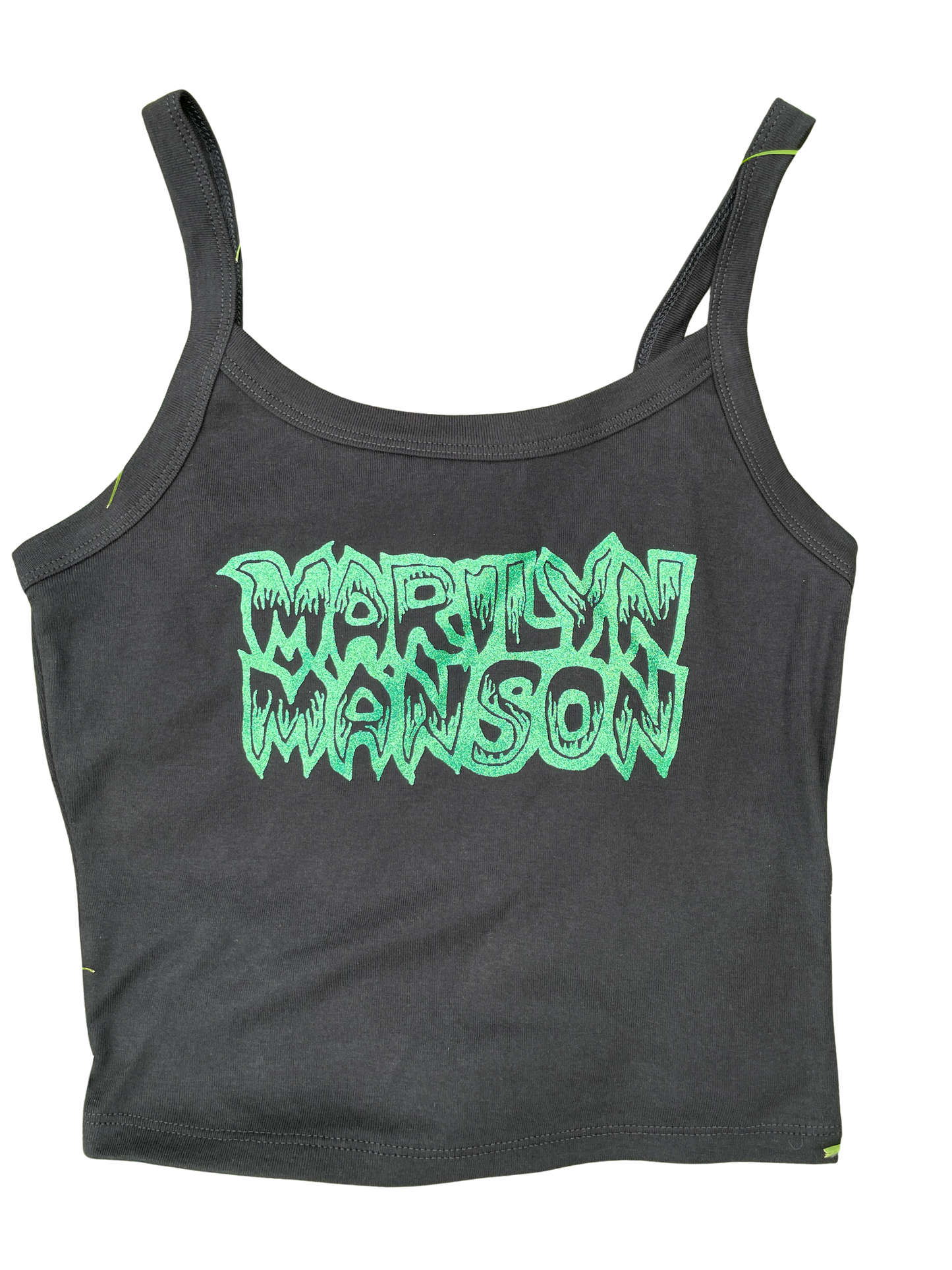 A gray tank top with the text "MORLYN MANSON" printed in green on it.