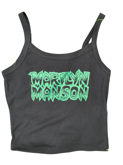 A gray tank top with the text "MORLYN MANSON" printed in green on it.