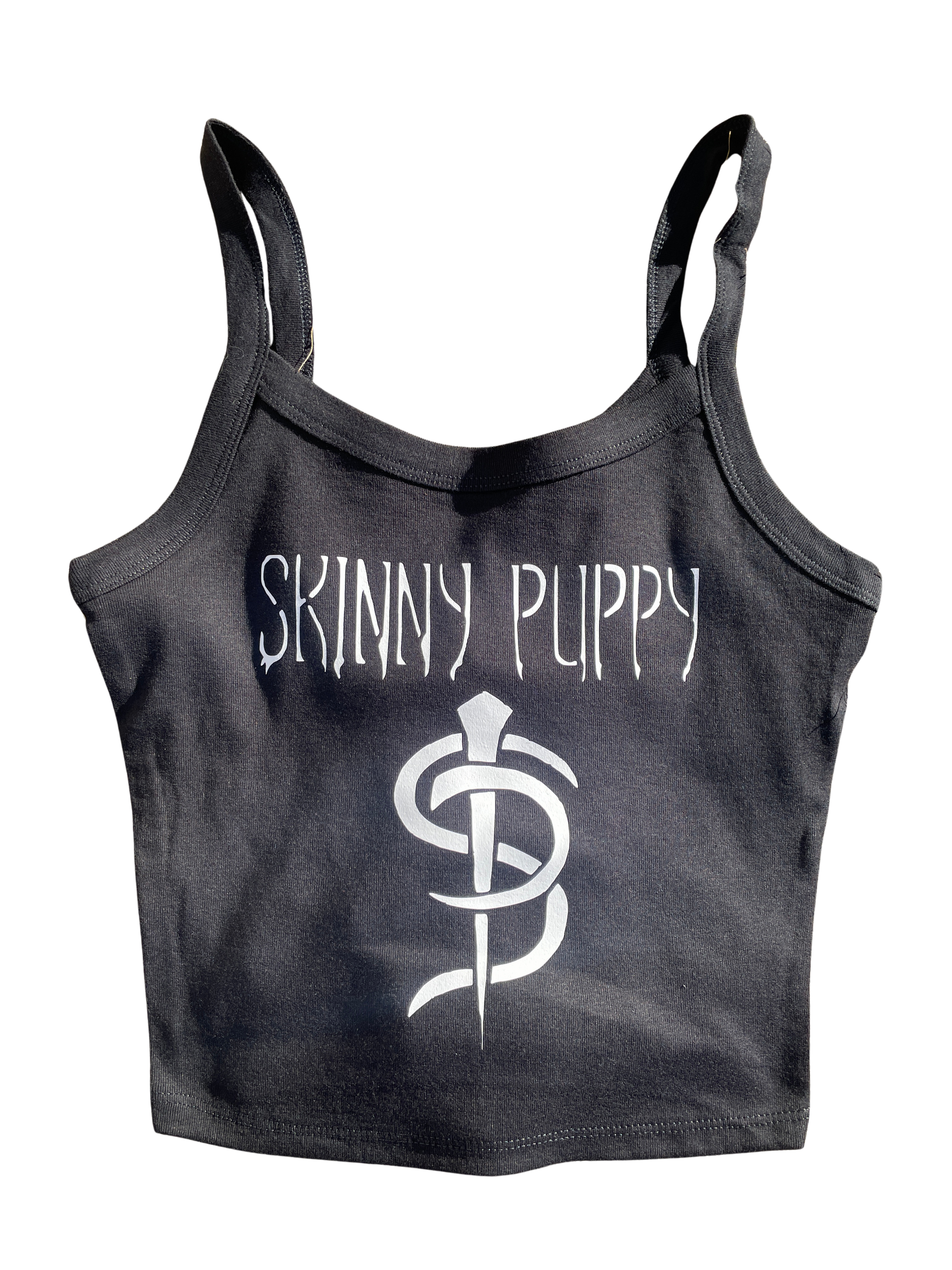 A gray crop top with the text "SKINNY PUPPY" printed on it.