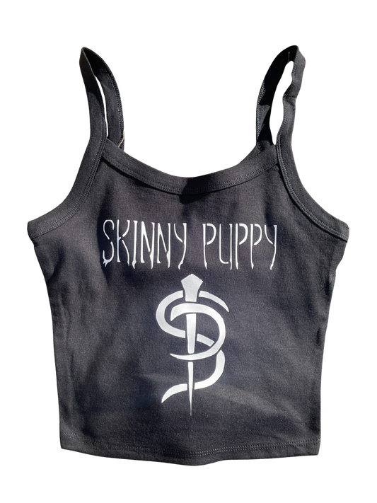 A gray crop top with the text "SKINNY PUPPY" printed on it.