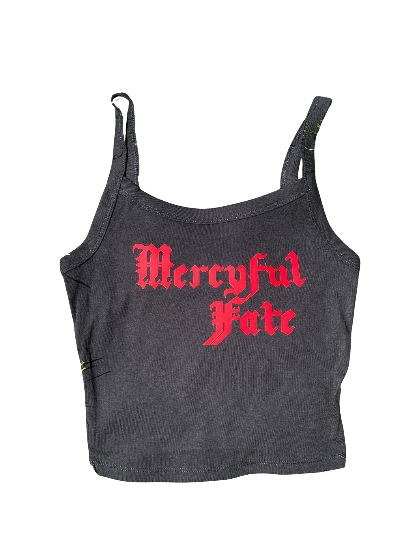 A gray crop top with the text "Mercyful Fate" printed in red on it.