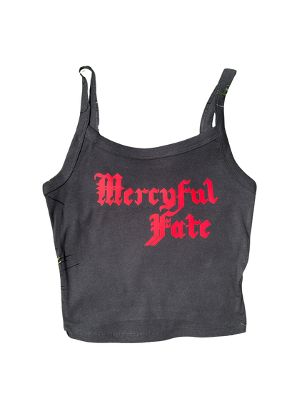 A gray crop top with the text "Mercyful Fate" printed in red on it.