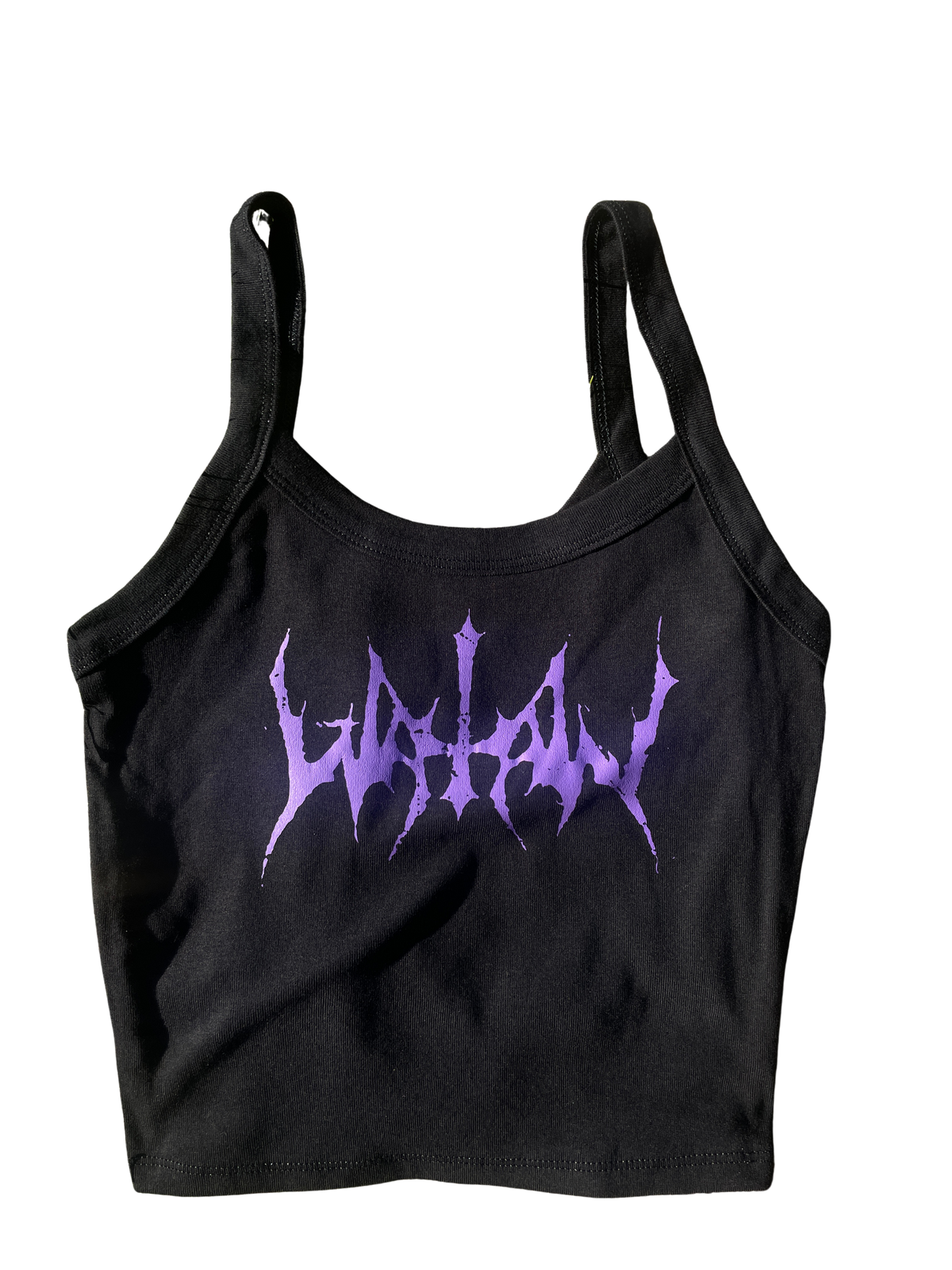 A black crop top with purple text on it.