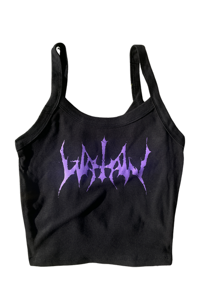 A black crop top with purple text on it.