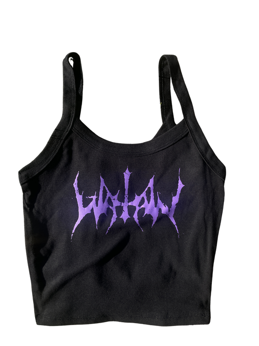 A black crop top with purple text on it.