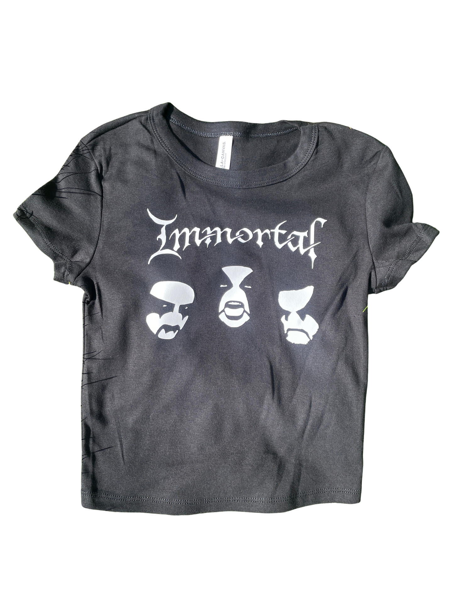 A gray t-shirt with the text "Immortals" printed on it, along with three stylized faces.