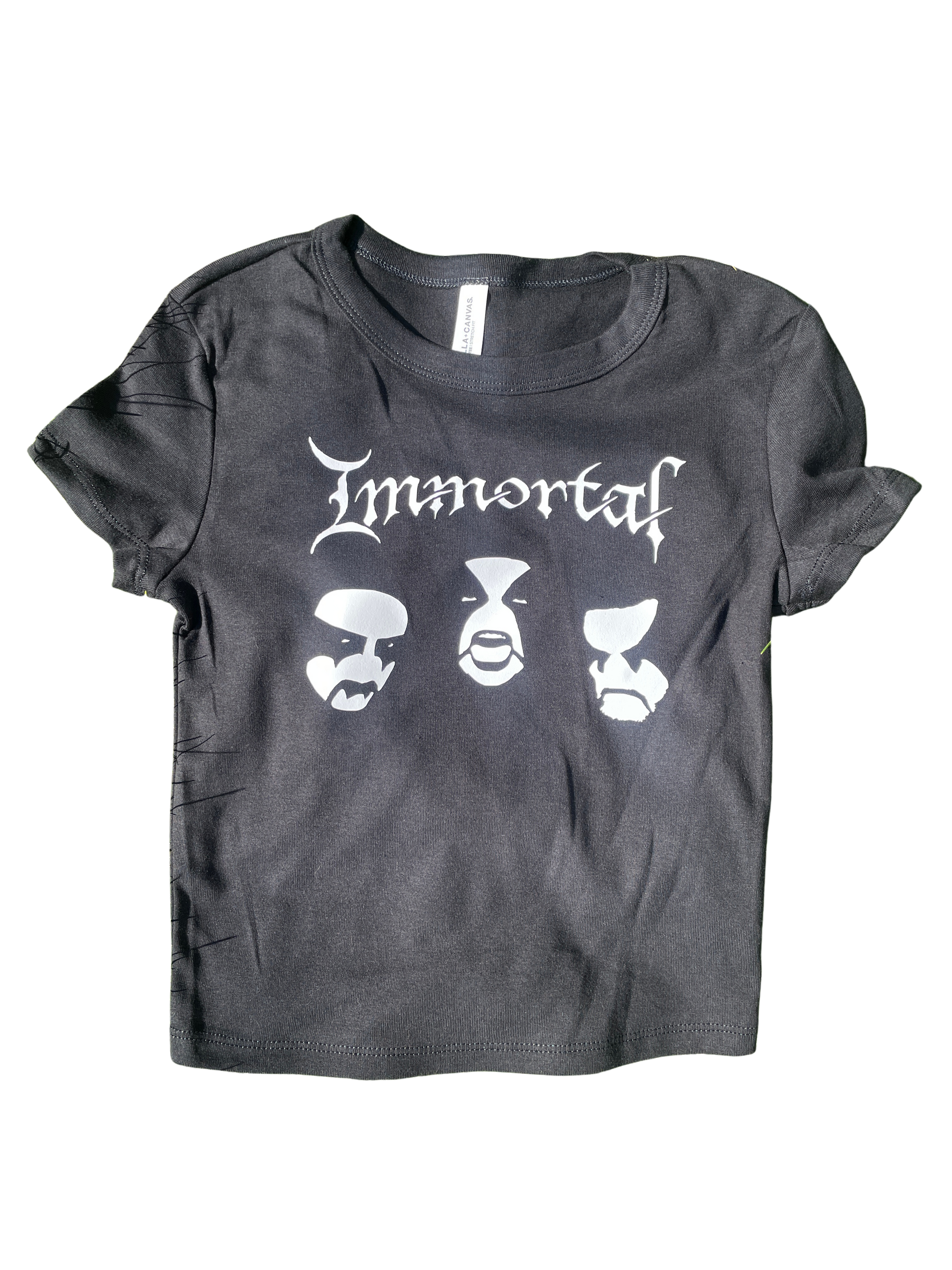 A gray t-shirt with the text "Immortals" printed on it, along with three stylized faces.