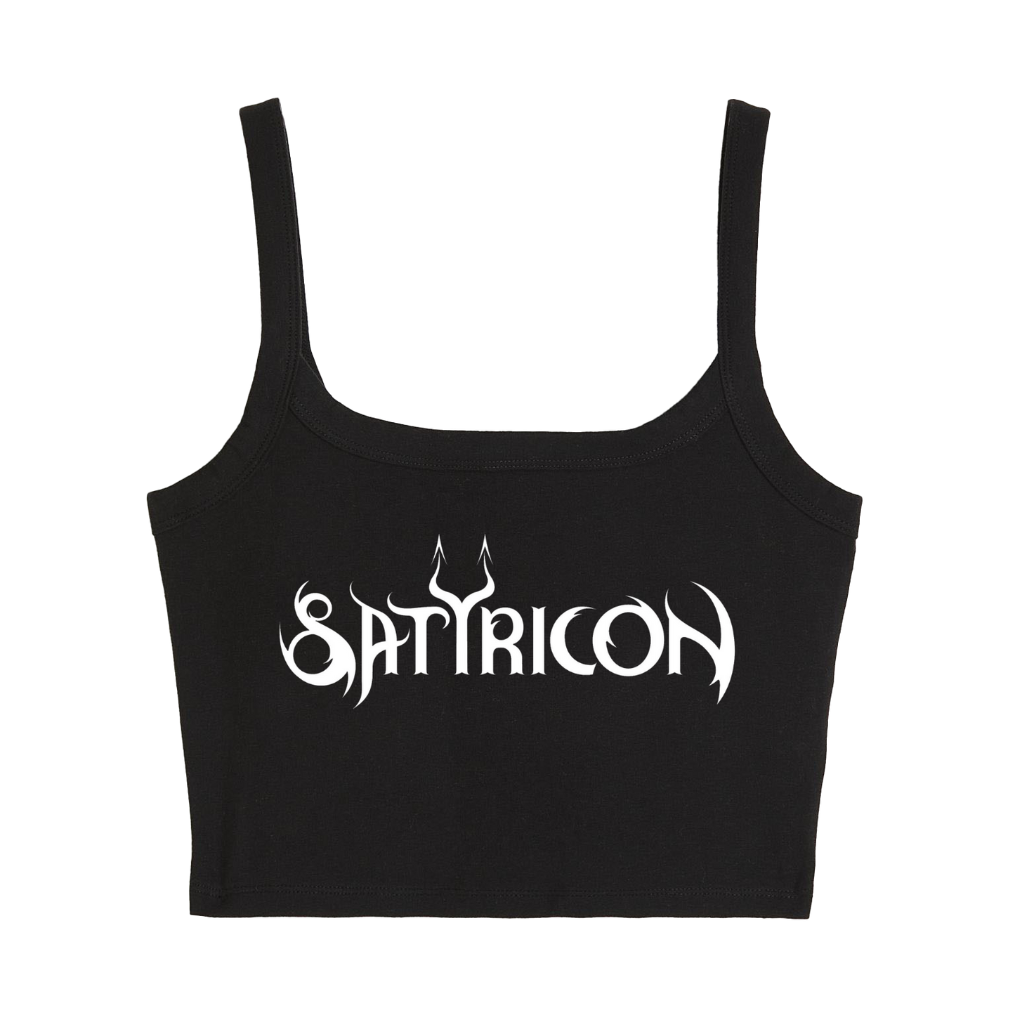 a black crop top with the word sattrion printed on it