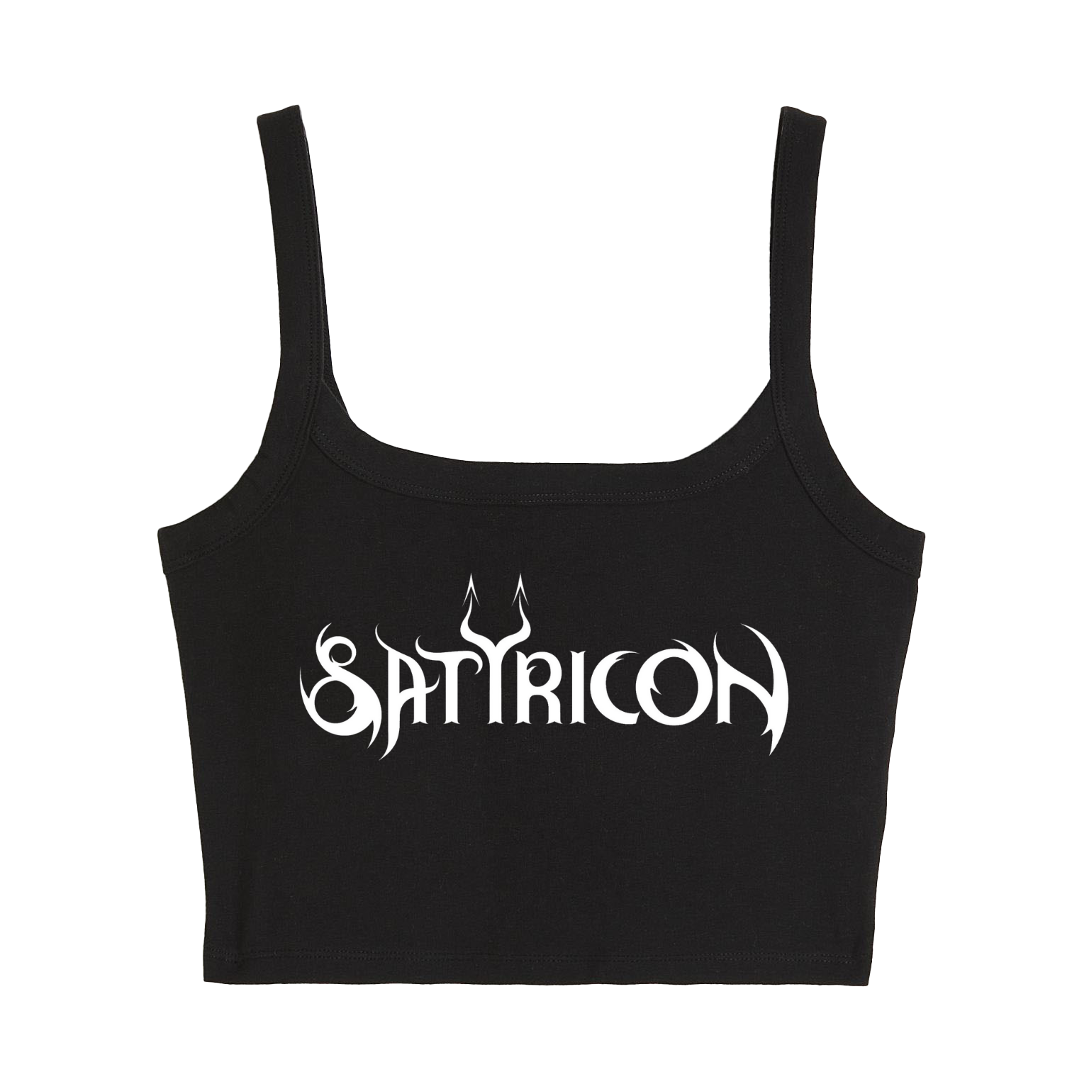 a black crop top with the word sattrion printed on it