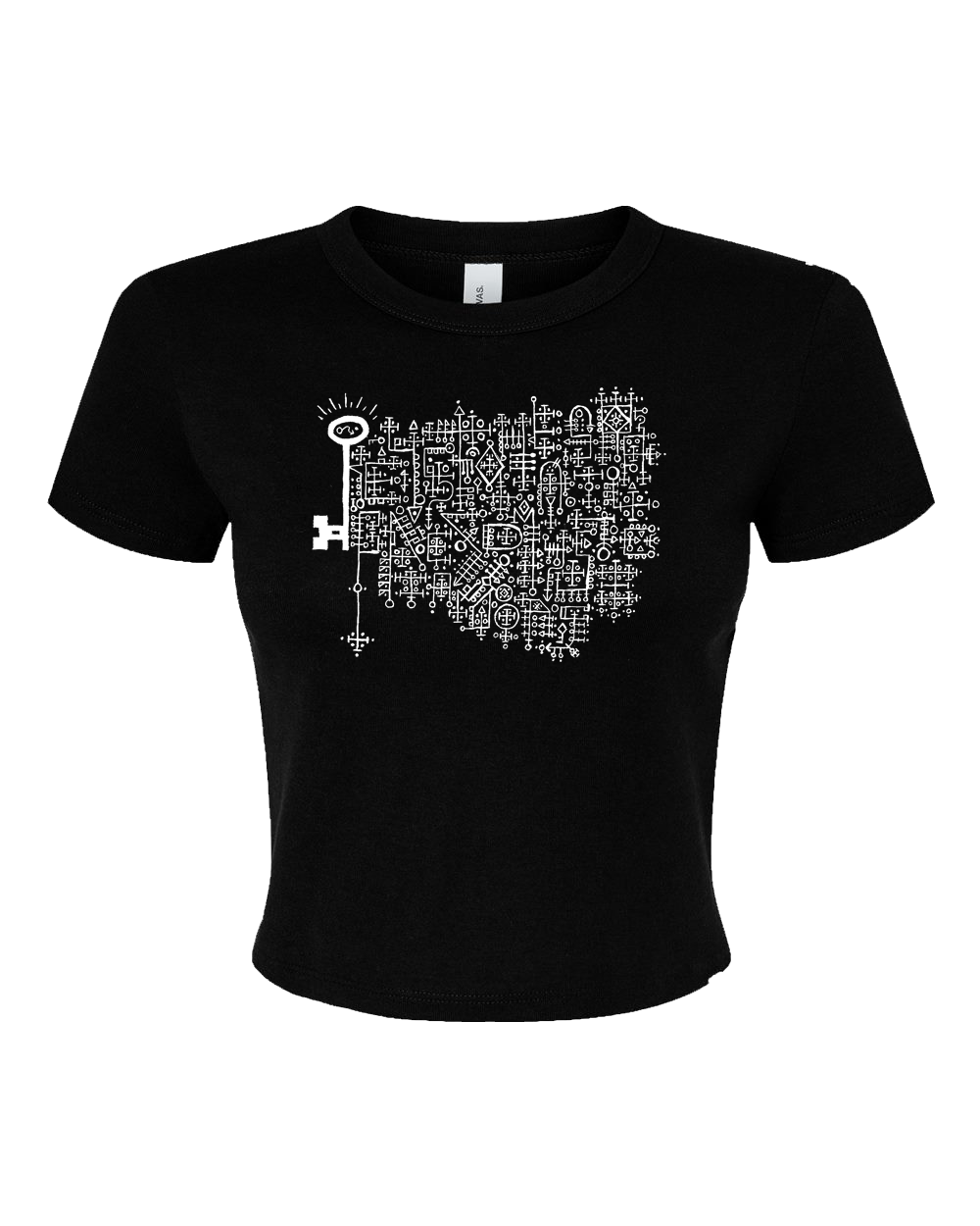 Black baby tee with the Keys to the Astral Gates and Mystic Doors logo in bold white ink.
