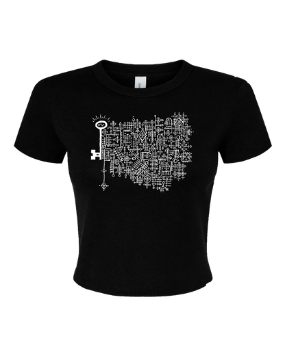 Black baby tee with the Keys to the Astral Gates and Mystic Doors logo in bold white ink.