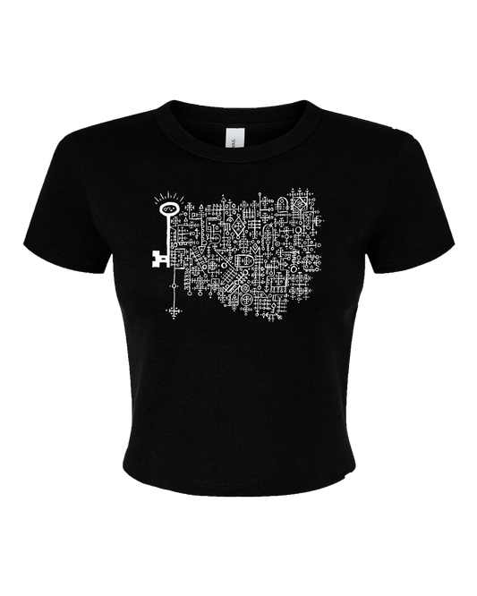 Black baby tee with the Keys to the Astral Gates and Mystic Doors logo in bold white ink.