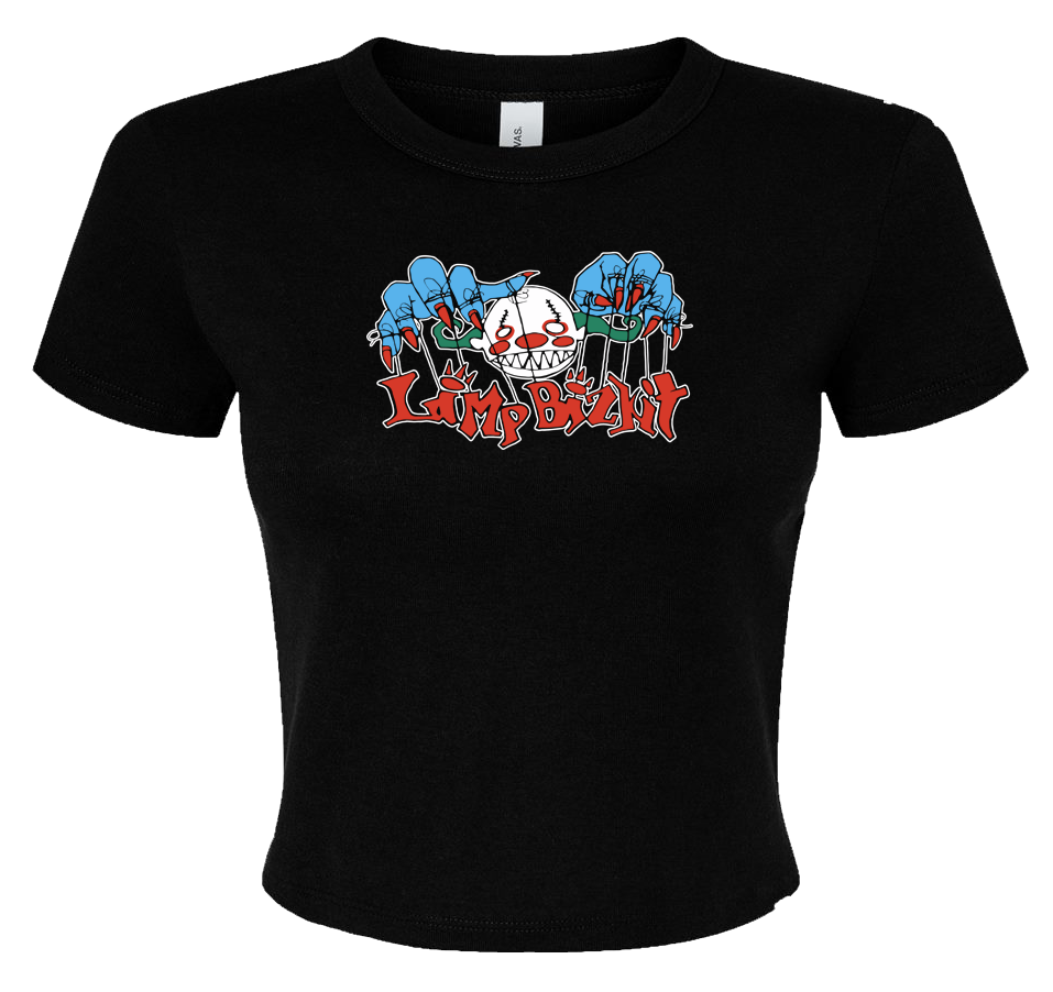 Black cropped baby tee with a bold Limp Bizkit parody design in red, white, and blue vinyl, featuring a cartoon clown face and puppet hands. Styled to fit alt metal and nu-metal fashion.
