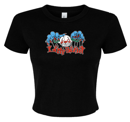 Black cropped baby tee with a bold Limp Bizkit parody design in red, white, and blue vinyl, featuring a cartoon clown face and puppet hands. Styled to fit alt metal and nu-metal fashion.