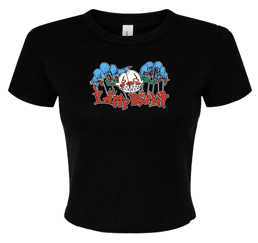 Black cropped baby tee with a bold Limp Bizkit parody design in red, white, and blue vinyl, featuring a cartoon clown face and puppet hands. Styled to fit alt metal and nu-metal fashion.