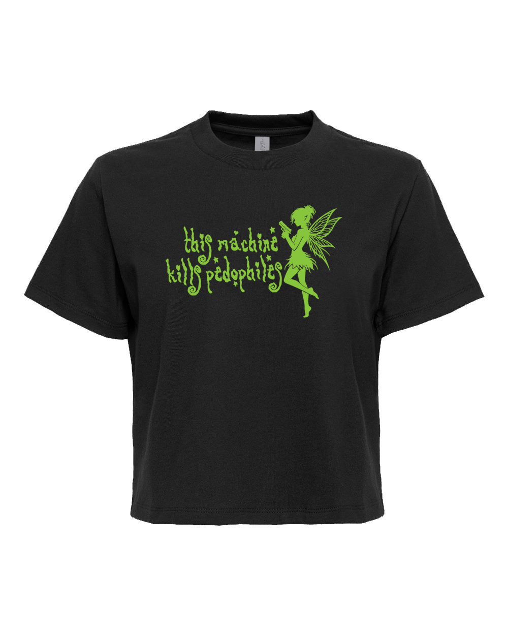 A black t-shirt with a green fairy-like figure and text printed on it.