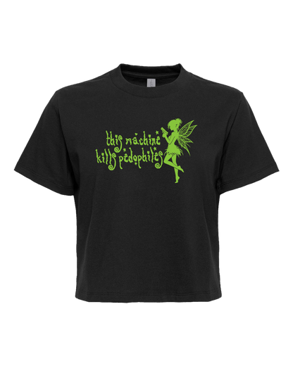 A black t-shirt with a green fairy-like figure and text printed on it.