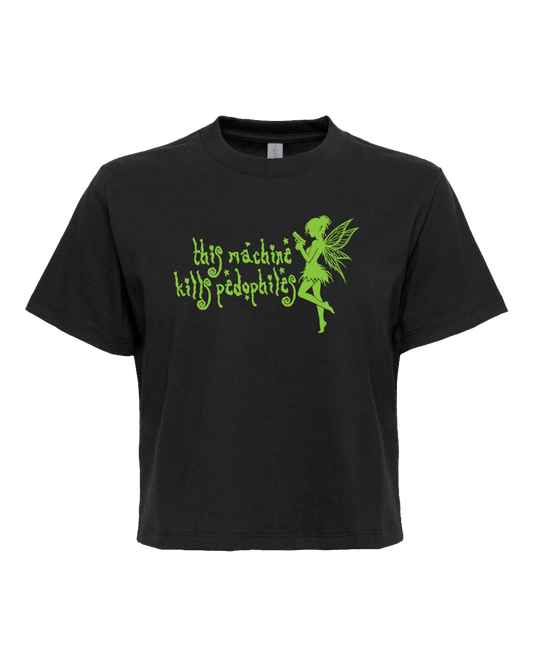 A black t-shirt with a green fairy-like figure and text printed on it.