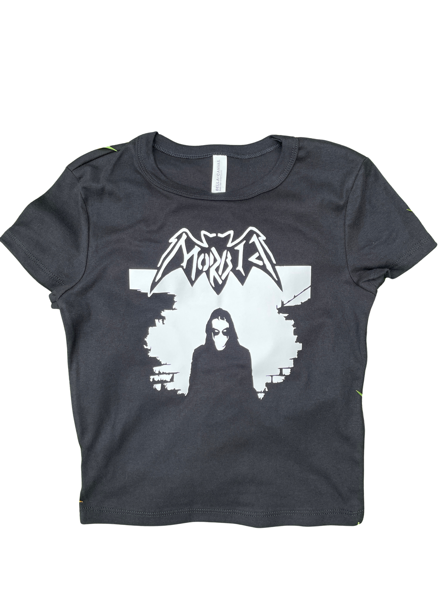 A gray t-shirt with a graphic design featuring a silhouette of a person and the text "MORTAL" above it.