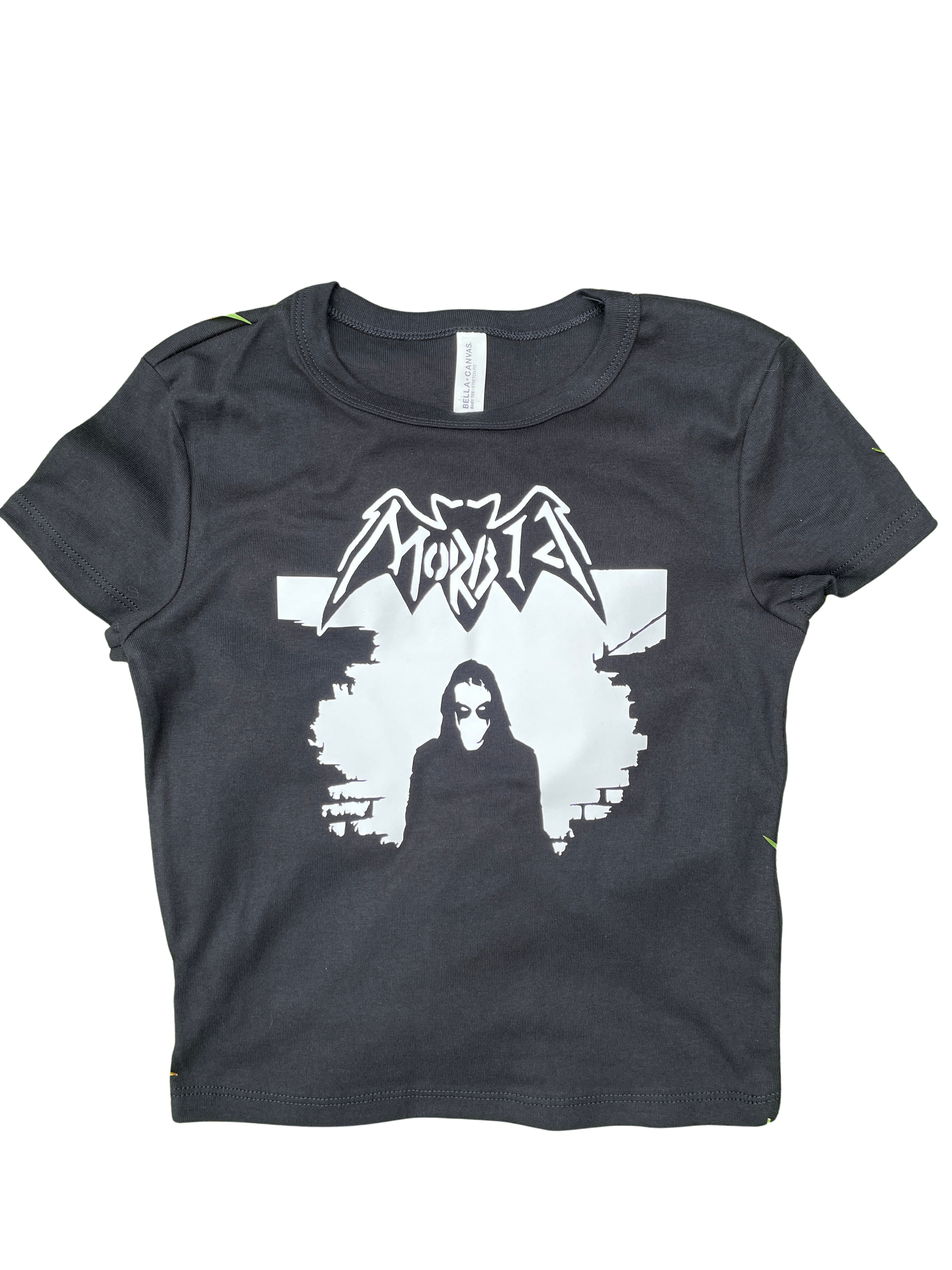 A gray t-shirt with a graphic design featuring a silhouette of a person and the text "MORTAL" above it.