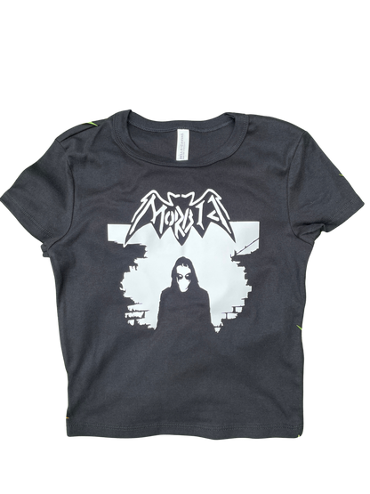 A gray t-shirt with a graphic design featuring a silhouette of a person and the text "MORTAL" above it.