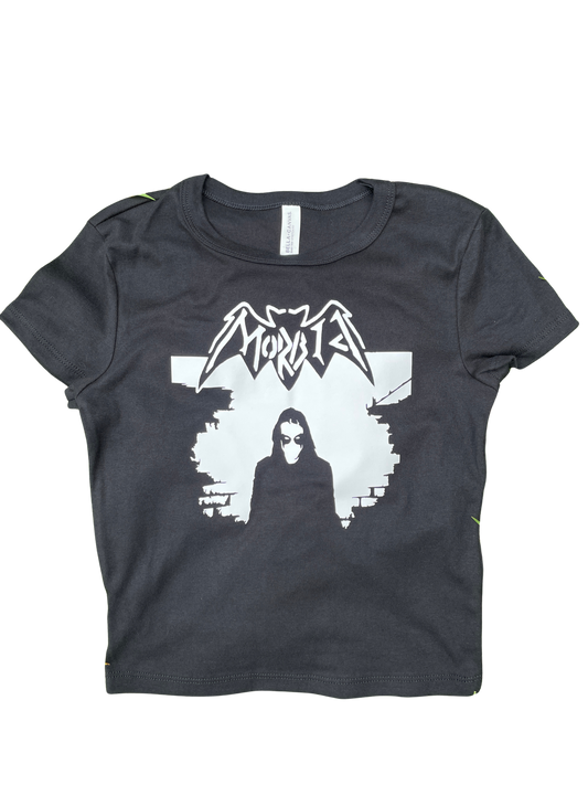 A gray t-shirt with a graphic design featuring a silhouette of a person and the text "MORTAL" above it.