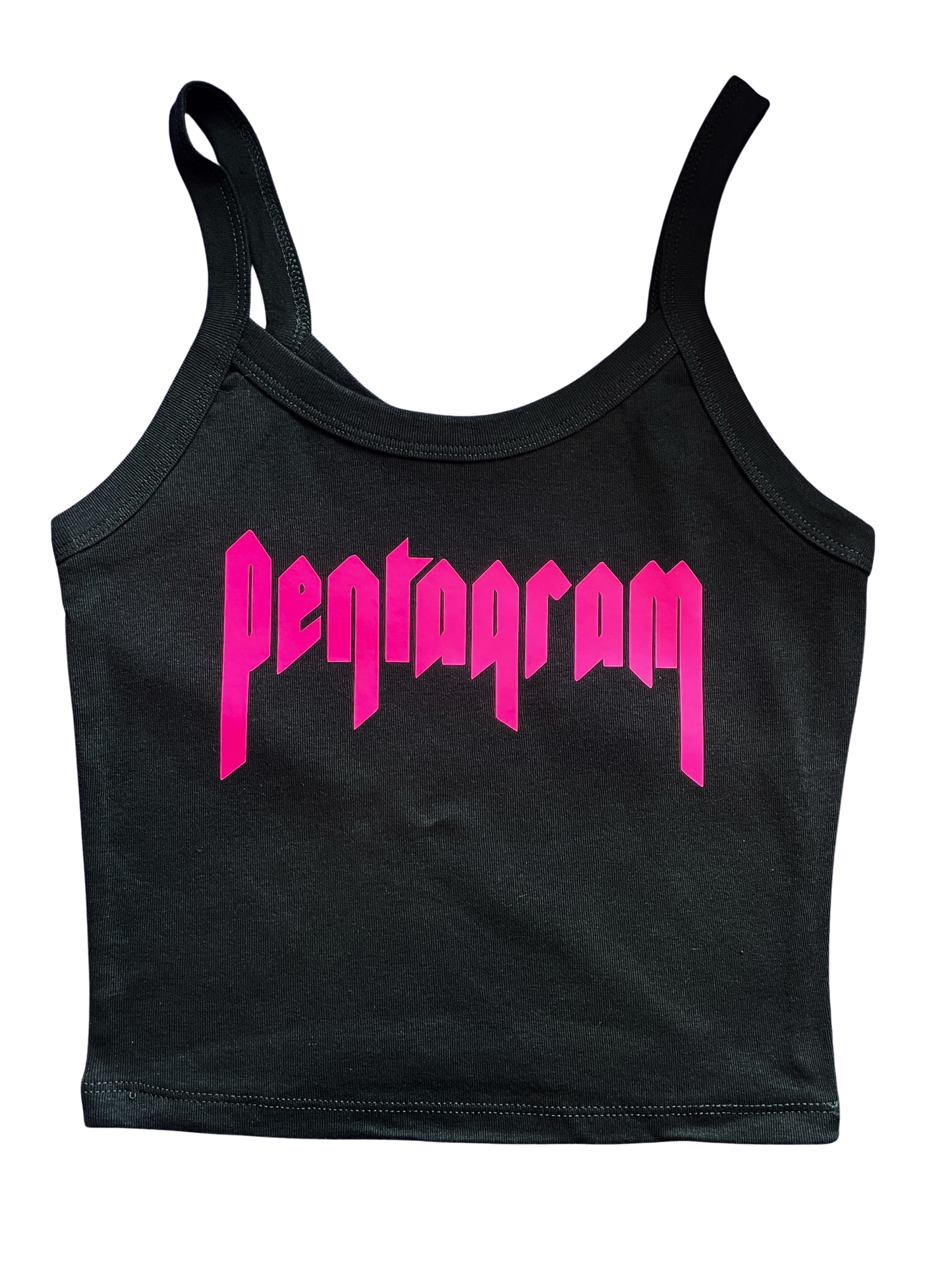 A black crop top with the word "Pentagram" printed in pink letters.