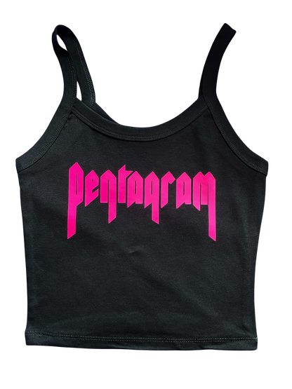 A black crop top with the word "Pentagram" printed in pink letters.