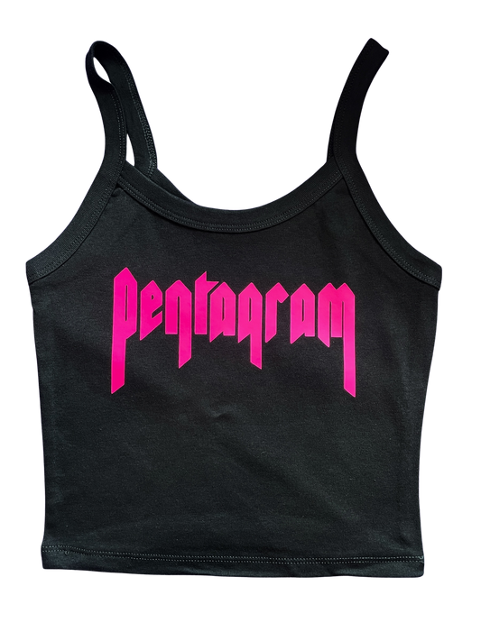 A black crop top with the word "Pentagram" printed in pink letters.
