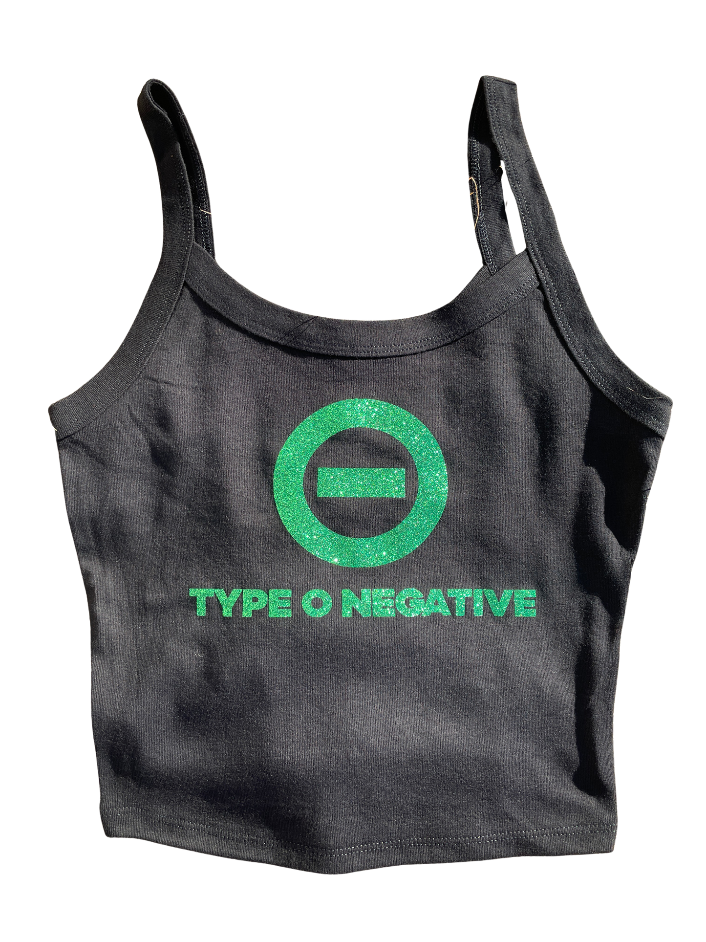 A gray crop top with a green logo and text printed on it.
