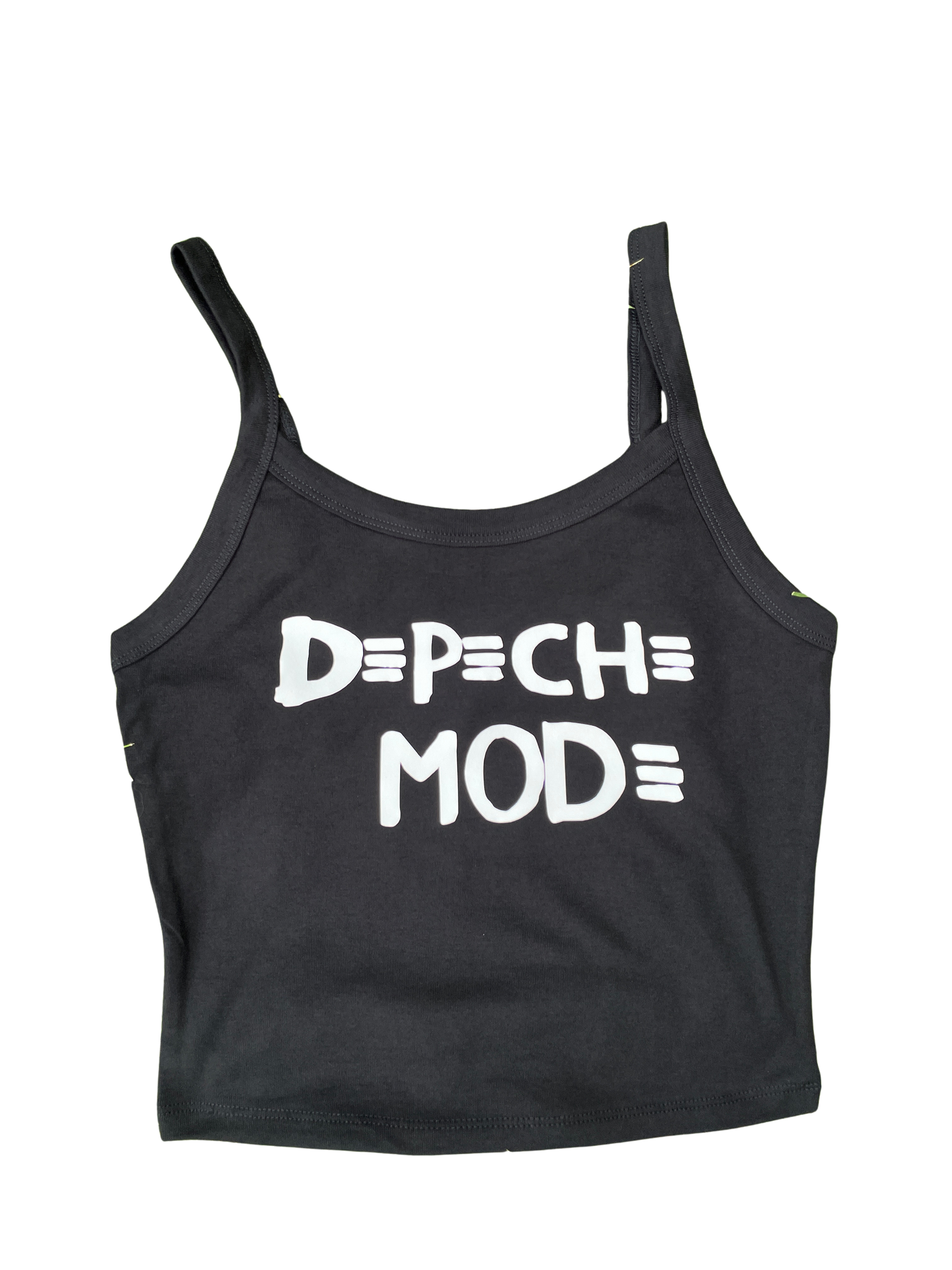 A black tank top with white text printed on it.