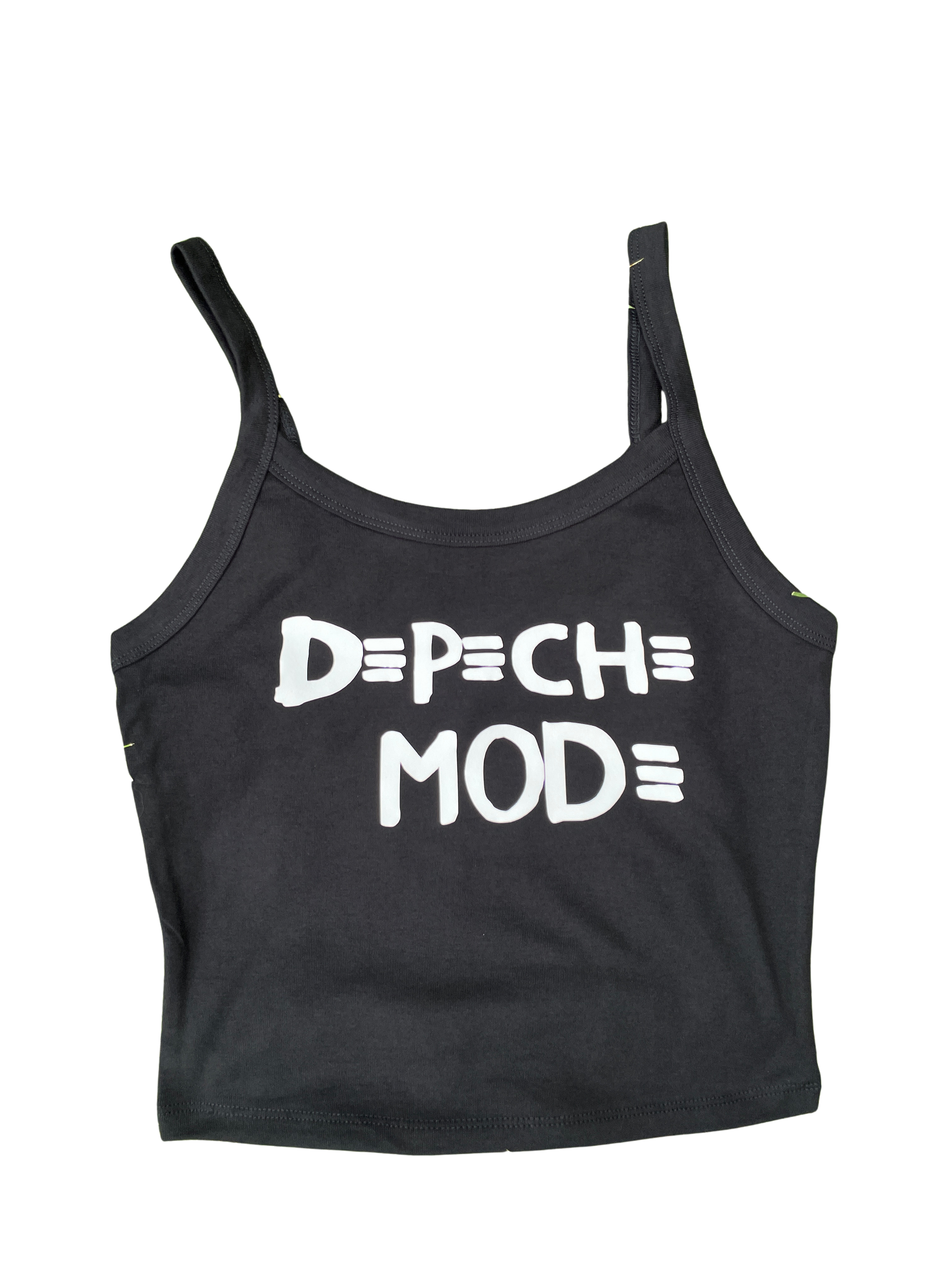 A black tank top with white text printed on it.