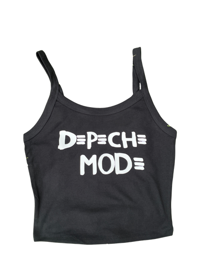 A black tank top with white text printed on it.