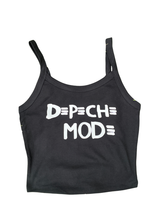A black tank top with white text printed on it.