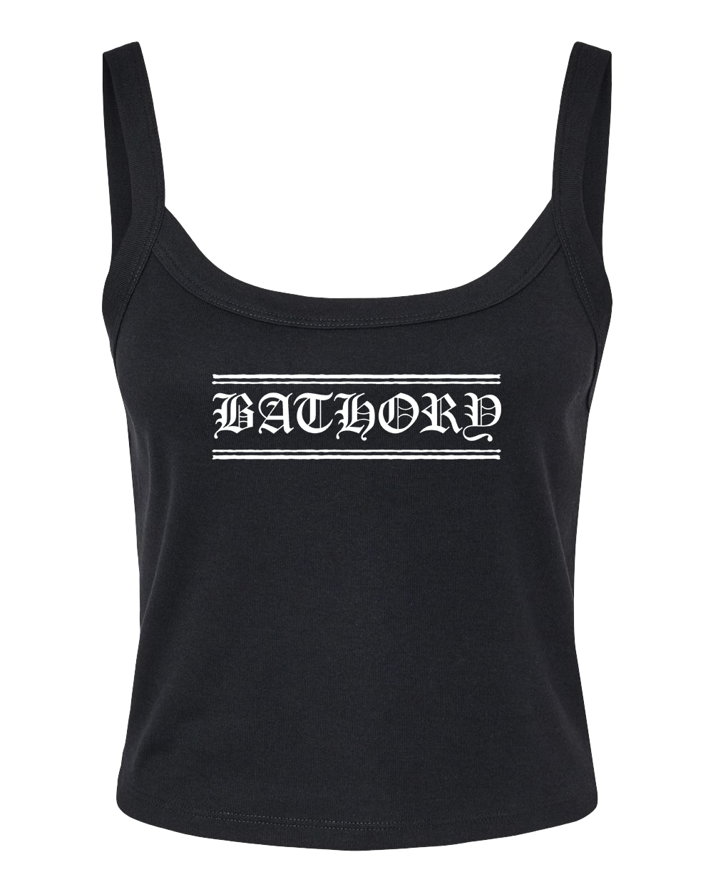 A black tank top with the word "BATHORD" printed in white text across the front.