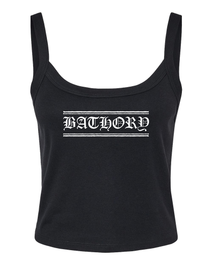 A black tank top with the word "BATHORD" printed in white text across the front.
