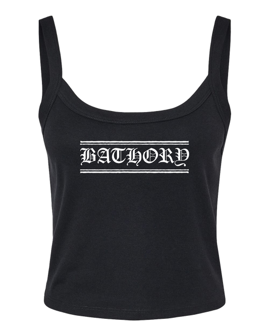 A black tank top with the word "BATHORD" printed in white text across the front.