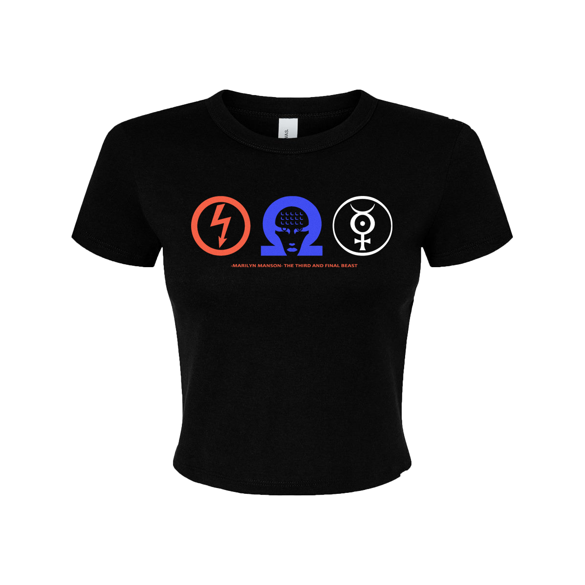 a women's black t - shirt with three different symbols