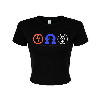 a women's black t - shirt with three different symbols