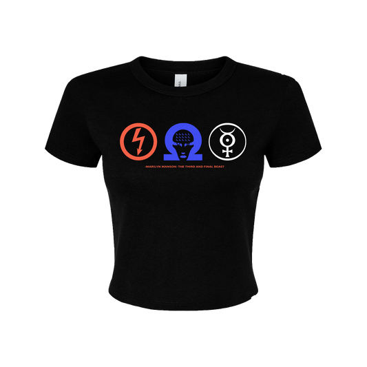 a women's black t - shirt with three different symbols