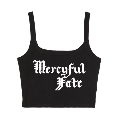 a black crop top with the words mercyful fate printed on it