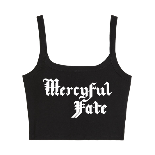 a black crop top with the words mercyful fate printed on it