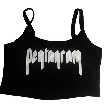 a black crop top with the word pentagramm printed on it